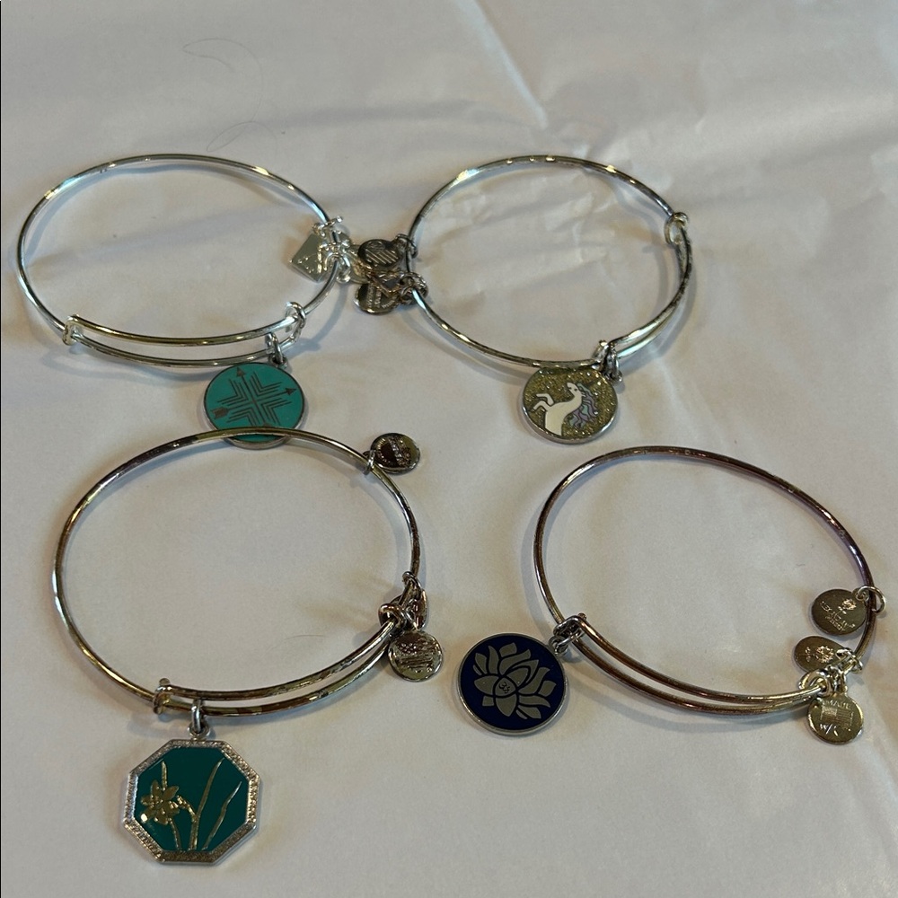 Alex and Ani Silver Bracelets with Teal and Blue Charms